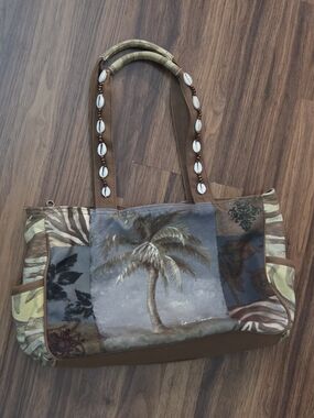 Patchwork Palm-Print Shoulder Bag in Brown and Tan